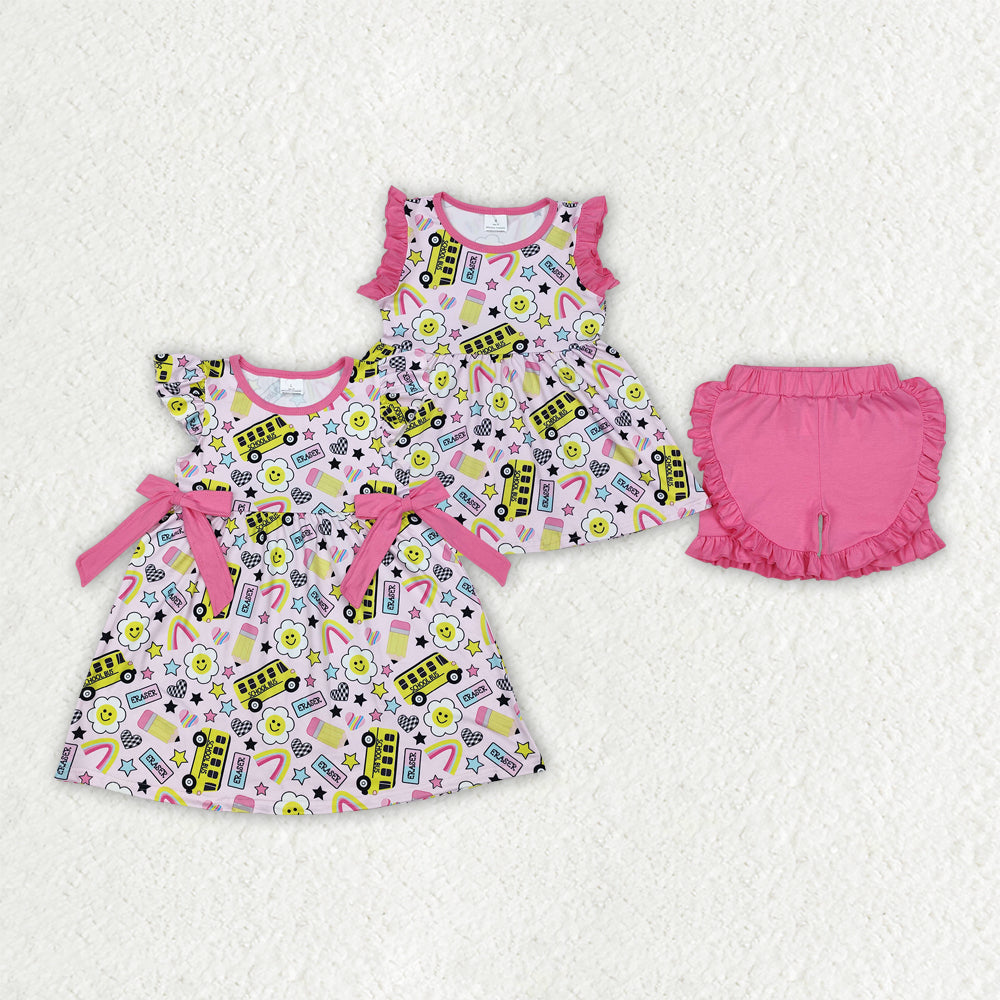 Baby Girl Back To School Smile Pencil Bus Sibling Set Dress Clothes RTS