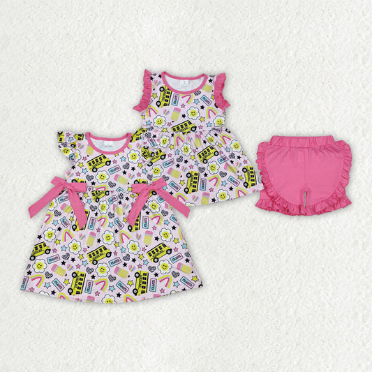 Baby Girl Back To School Smile Pencil Bus Sibling Set Dress Clothes RTS
