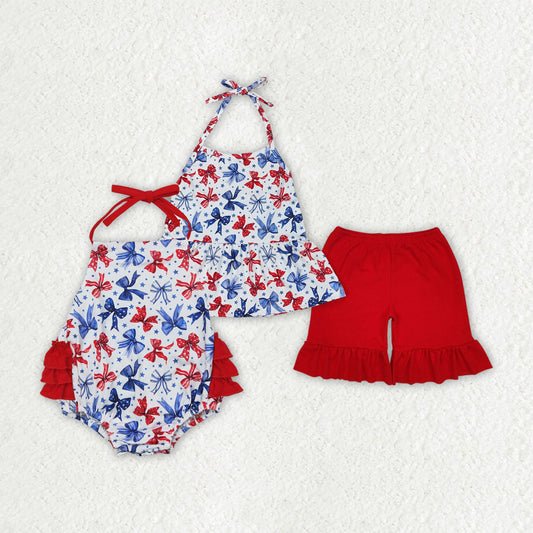 Baby Girl Halter 4th of July Bows Sibling Romper Set RTS