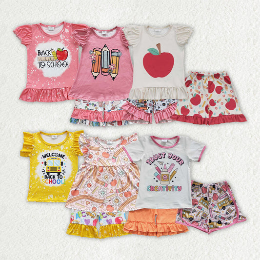 Baby Girl Short Sleeves Back To School Apple Pencil Shirt Shorts Sibling Set RTS