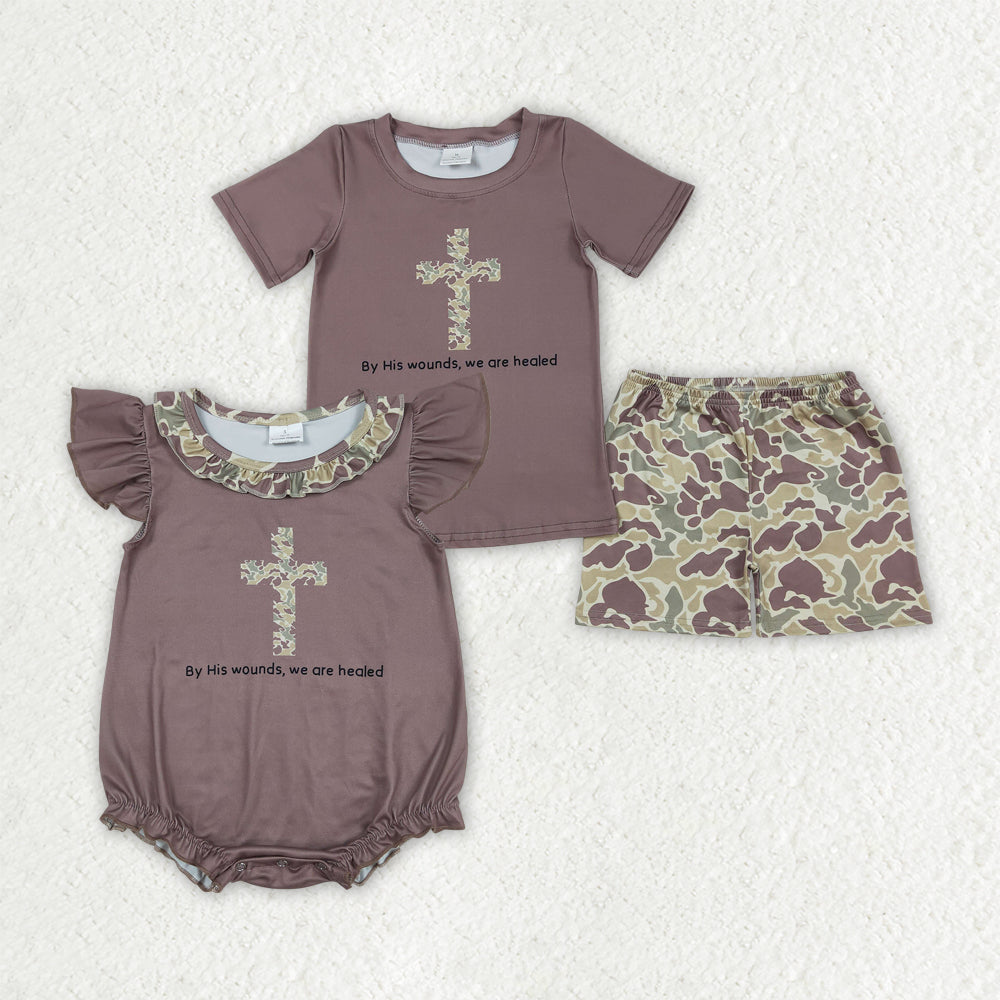 Baby Boy Short Sleeves Cross Camo Sibling Easter Romper Outfit RTS