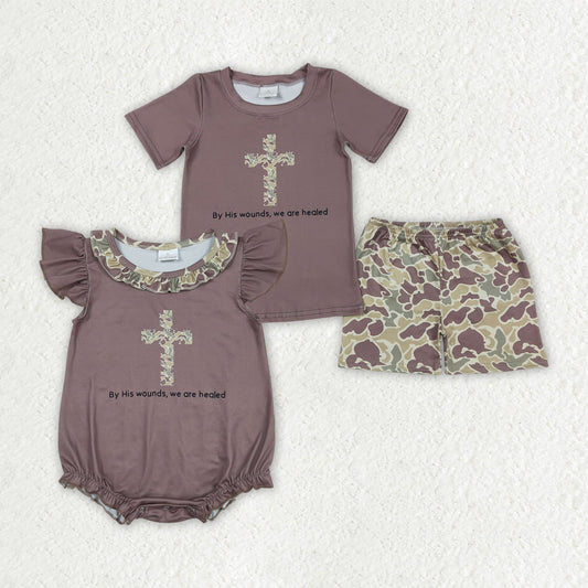 Baby Boy Short Sleeves Cross Camo Sibling Easter Romper Outfit RTS