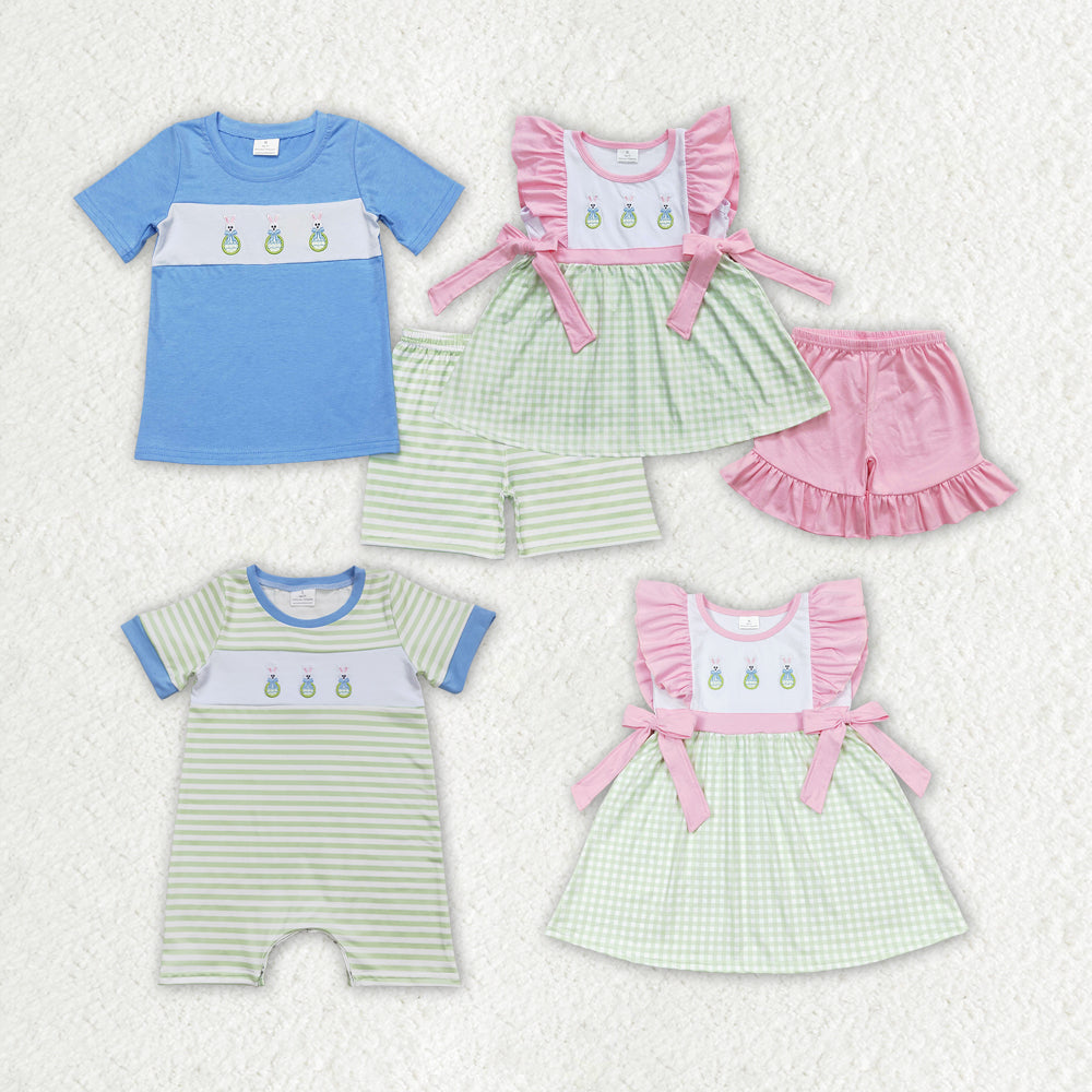 Baby Boy Girl Embroidery Easter Rabbits Sibling Romper Clothes Set