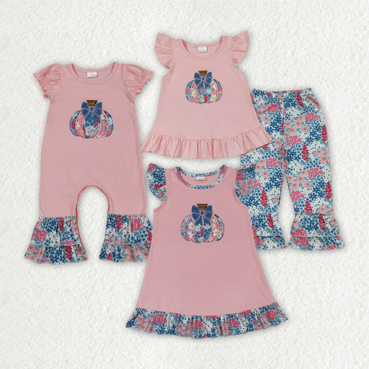 Baby Girl Short Sleeves Embroidery Floral Pumpkins Sibling Romper Dress Outfit Clothes RTS