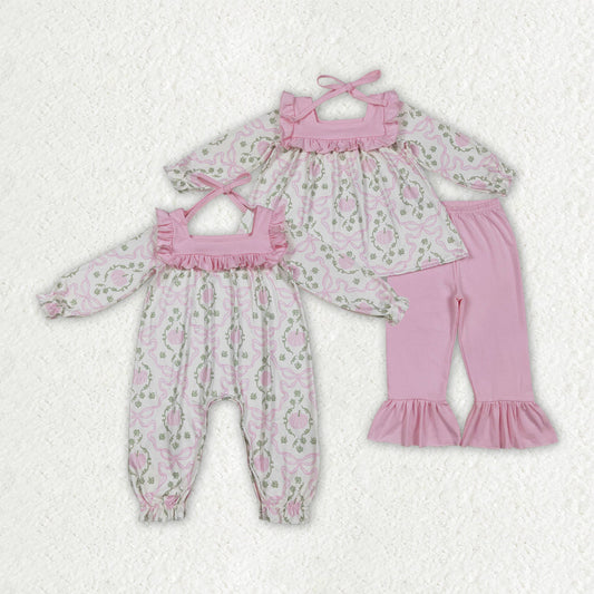 Baby Girl Toddler Long Sleeves Pumpkins Bows Sibling Pink Romper Set Clothes RTS