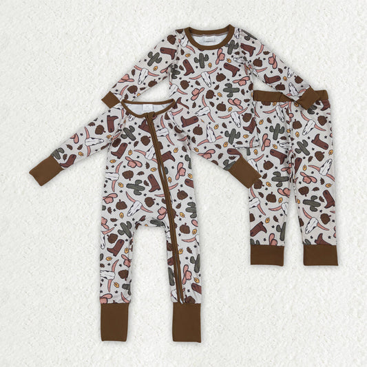 Baby Boy Long Sleeves Pumpkins Western Cow Boots Cactus Sibling Fall Pajamas Romper Set RTS