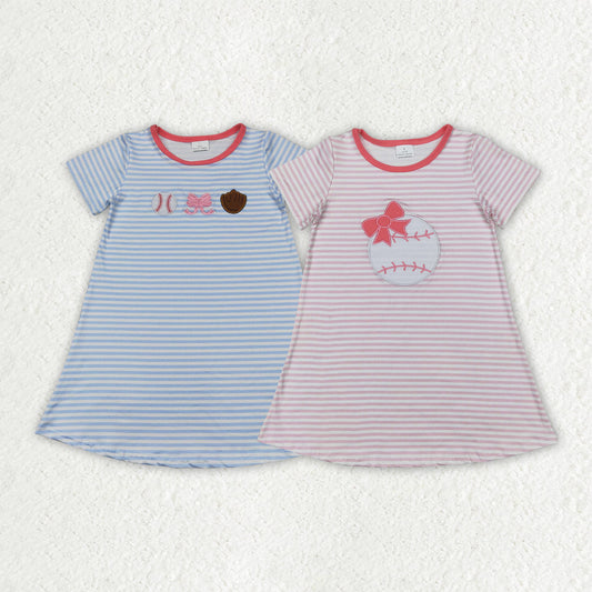 Baby Girl Short Sleeves Embroidery Bows Baseball Stripes Sibling Dress RTS