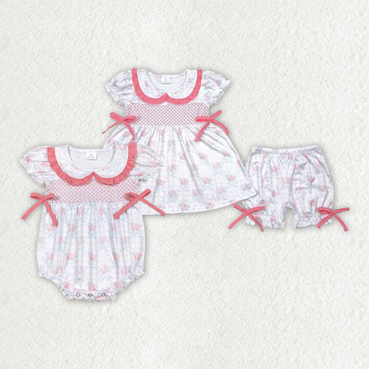 Baby Girl Short Sleeves Embroidery Plaid Bows Sibling Romper Outfit Clothes RTS