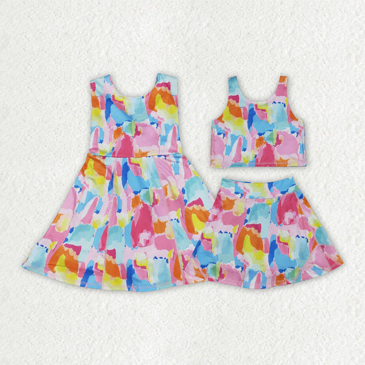 Baby Girl Sleeveless Tie Dye Yoga Active Sibling Skort Dress Set Athletic Clothes RTS