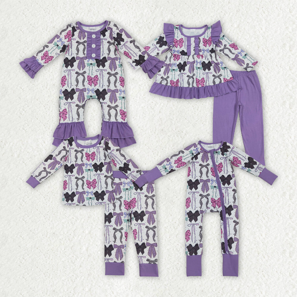Baby Girl Long Sleeves Halloween Bows Sibling Purple Romper Pajamas Outfit Clothes RTS