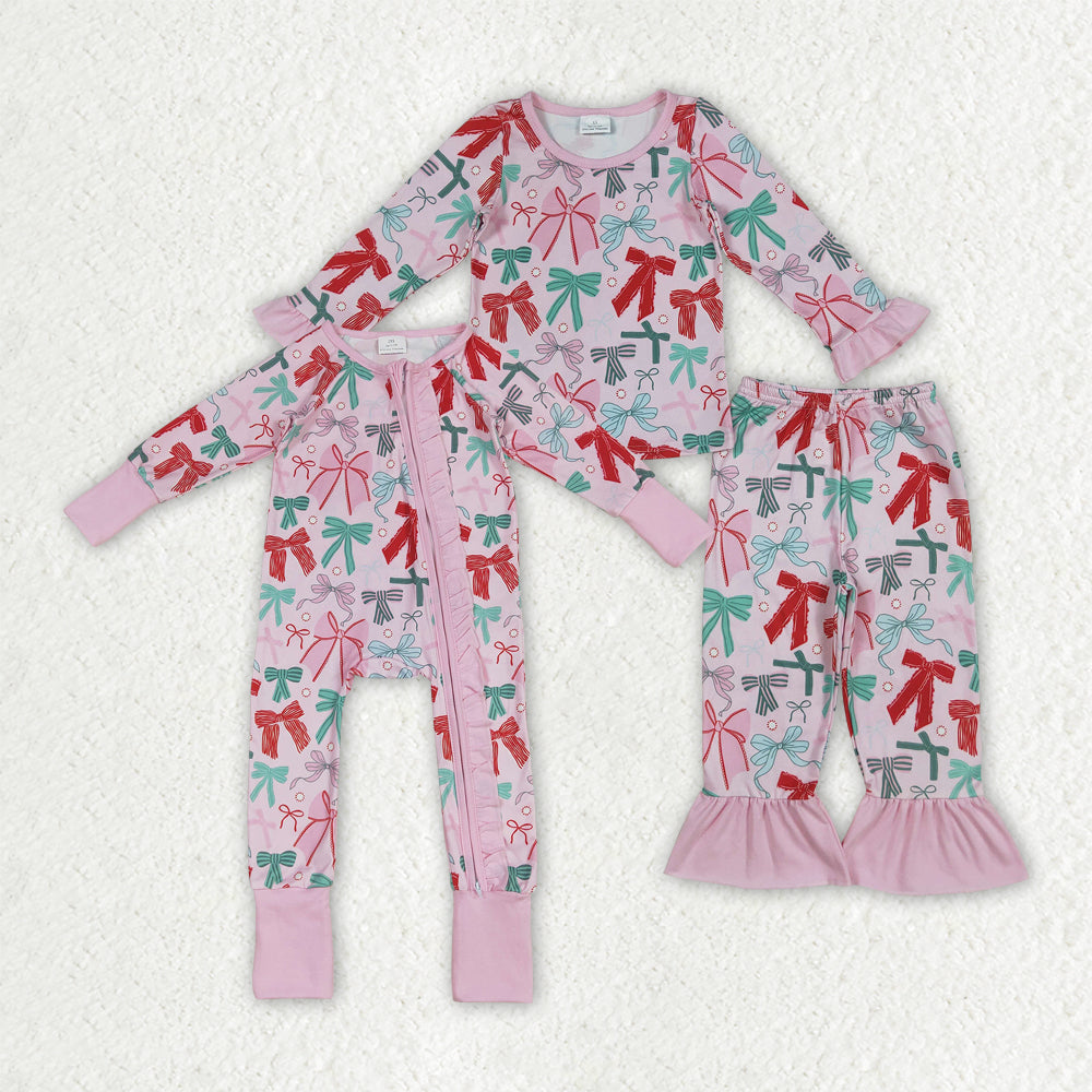 Baby Girl Long Sleeves Christmas Bows Sibling Romper Pajamas Set RTS