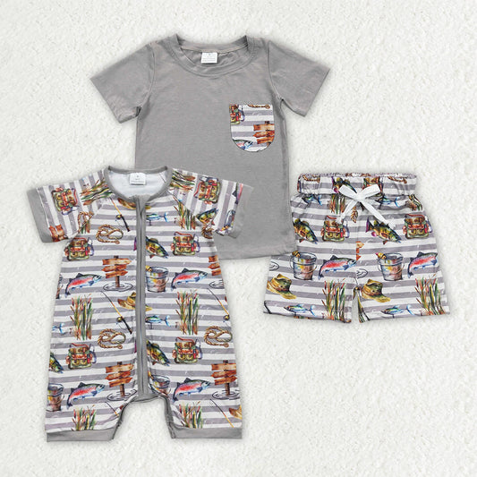 Baby Boy Short Sleeves Fishing Sibling Grey Zipper Romper Clothes Set RTS