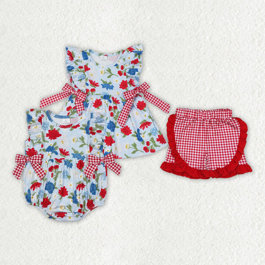 Baby Girl Short Sleeves 4th Of July Flower Bows Sibling Romper Outfit RTS