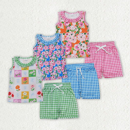 Baby Girl Sleeveless Flower Ruffle Shirt Plaid Shorts Sibling Set RTS