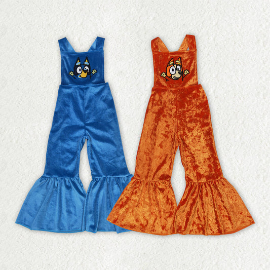 Baby Girl Straps Embroidery Dogs Cartoon Sibling Velvet Jumpsuit RTS