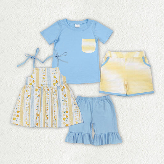 Baby Boy Girl Flower Yellow Blue Summer Sibling Outfit Clothes RTS
