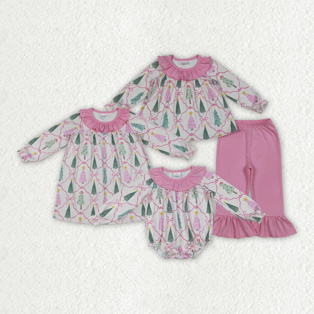 Baby Girl Long Sleeves Trees Bows Christmas Sibling Pink Romper Dress Set Clothes RTS