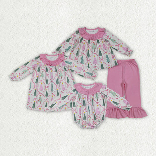 Baby Girl Long Sleeves Trees Bows Christmas Sibling Pink Romper Dress Set Clothes RTS
