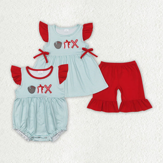 Baby Girl Short Sleeves Embroidery Baseball Sibling Romper Clothes Set RTS