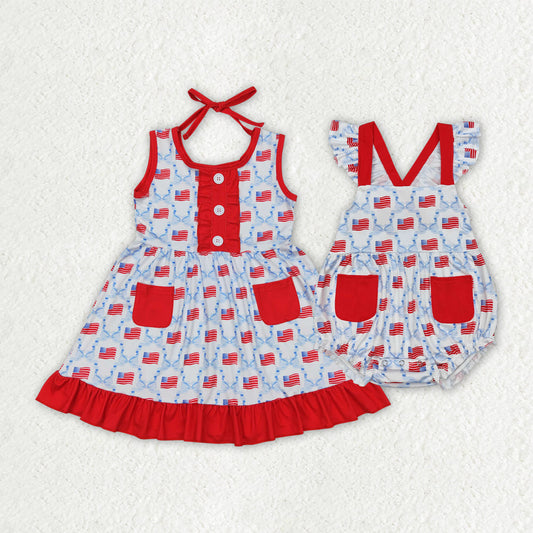 Baby Girl Short Sleeves 4th of July Flags Bows Sibling Romper Dress RTS