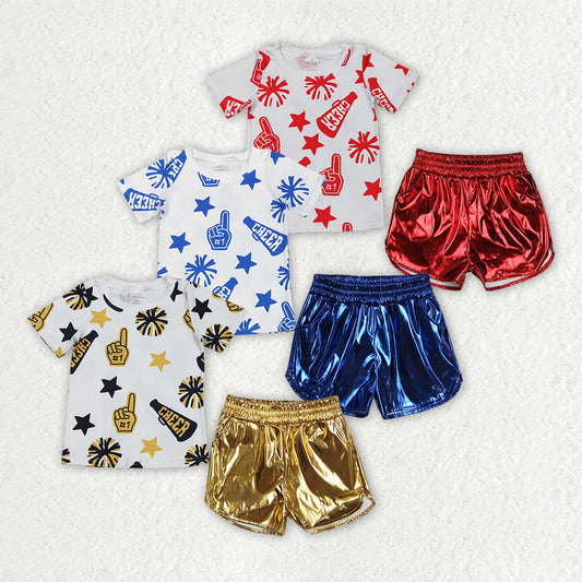 Baby Girl Short Sleeves Cheer Team Shirt Leather Shorts Sibling Clothes Set RTS