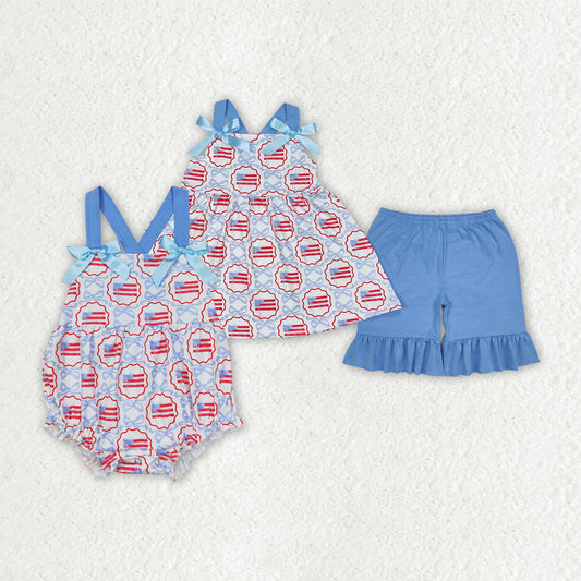 Baby Girl Straps Blue Bows Flags Sibling Romper Outfit Clothes RTS