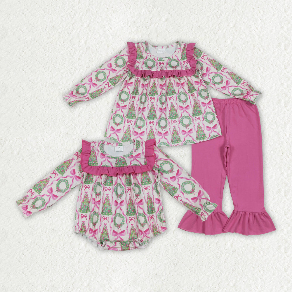Baby Girl Long Sleeves Christmas Tree Bows Sibling Romper Outfit Clothes RTS