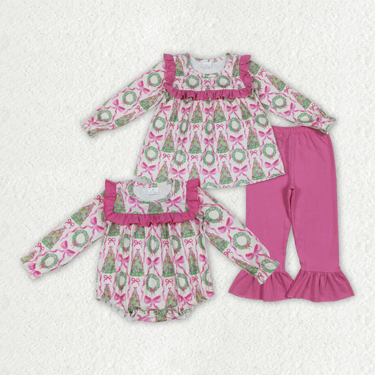 Baby Girl Long Sleeves Christmas Tree Bows Sibling Romper Outfit Clothes RTS