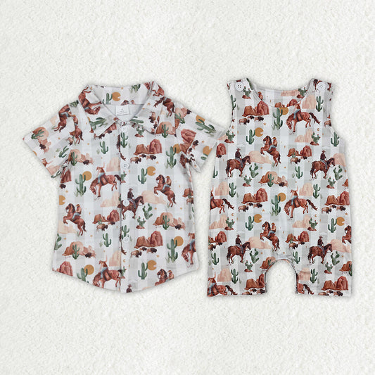Baby Boy Toddler Western Rodeo Cow Cactus Sibling Romper Shirt RTS