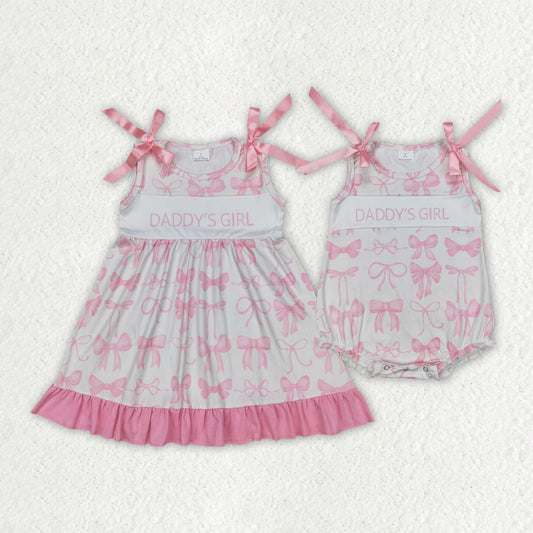 Baby Kids Toddler Sleeveless Daddy's Girl Pink Bows Sibling Romper Dress RTS