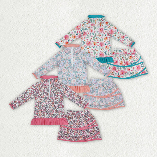 Baby Girl Long Sleeves Flower Zipper Shirt Ruffle Skorts Sibling Set RTS