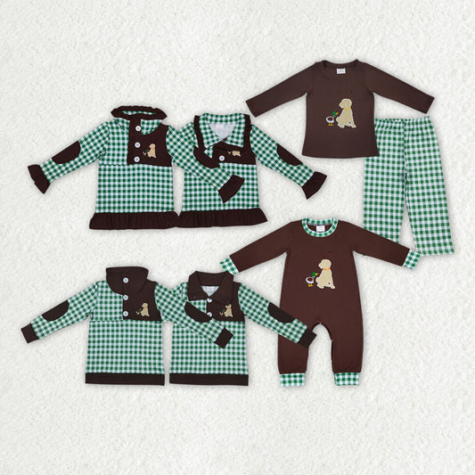 Baby Boy Girl Long Sleeves Embroidery Dog Duck Sibling Hunting Shirt Romper Clothes Set