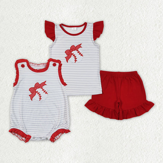 Baby Girl Embroidery Bow Baseball Strips Sibling Romper Clothes Set RTS
