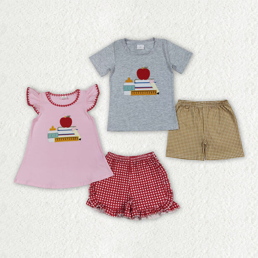 Baby Boy Girl Short Sleeves Embroidery Sibling Back To School Outfit Clothes RTS