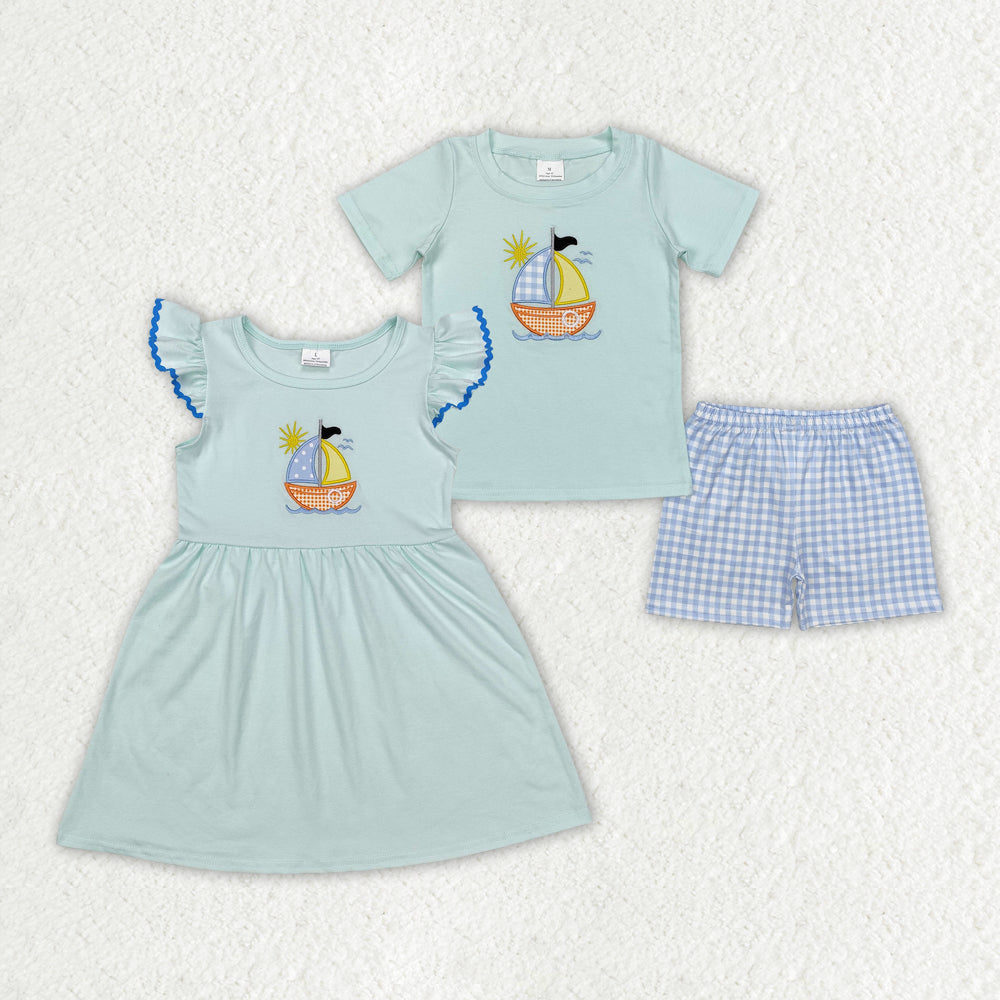 Baby Boy Girl Short Sleeves Embroidery Boat Sibling Summer Dress Clothing Set