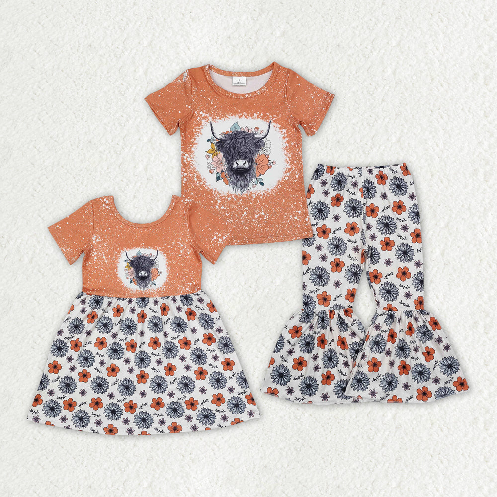 Baby Girl Short Sleeves Western Cow Flower Sibling Sister Dress Clothes Set