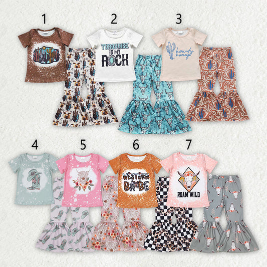 Baby Girl Short Sleeves Western Cactus Cow Shirt Bell Pants Sibling Outfit Clothes RTS