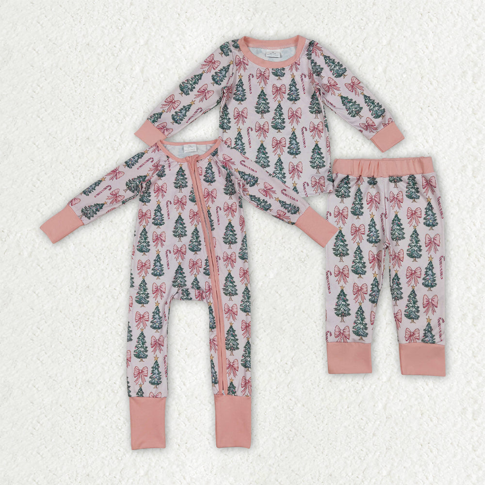Baby Girl Long Sleeves Christmas Trees Pink Bows Sibling Romper Pajamas Set RTS
