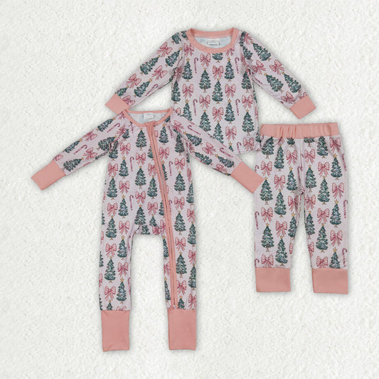 Baby Girl Long Sleeves Christmas Trees Pink Bows Sibling Romper Pajamas Set RTS