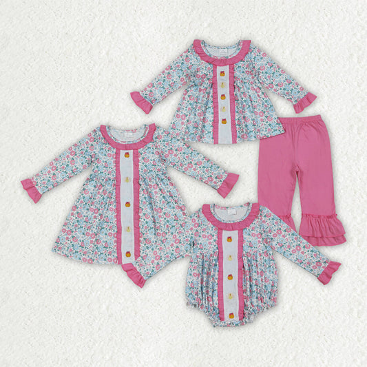 Baby Girl Long Sleeves Embroidery turkey Pumpkins Bows Floral Sibling Romper Dress Set RTS