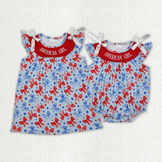 Embroidery Baby Kids Toddler Short Sleeves American Girl Bows Sibling Romper Dress RTS