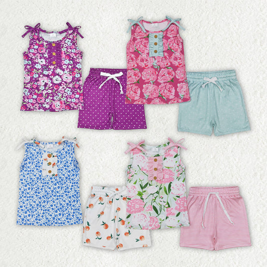 Baby Girl Toddler Sleeveless Flower Buttons Shirt Shorts Sibling Set RTS
