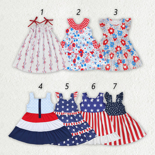 Baby Girl Short Sleeves Stars 4th Of July Sibling Knee Length Dress RTS