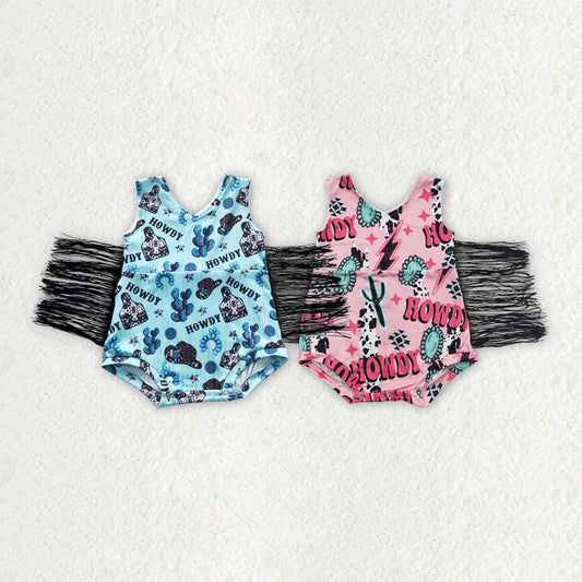 Baby Girl Sleeveless Howdy Cactus Western Sibling Tassel Romper RTS