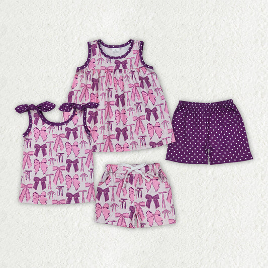 Baby Girl Sleeveless Purple Bows Sibling Summer Outfit Clothes Set RTS