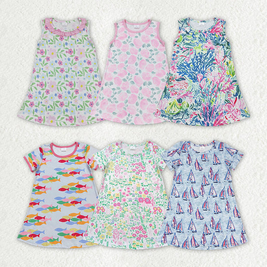 Baby Girl Flower Fish Boats Summer Sibling Knee Length Dress RTS