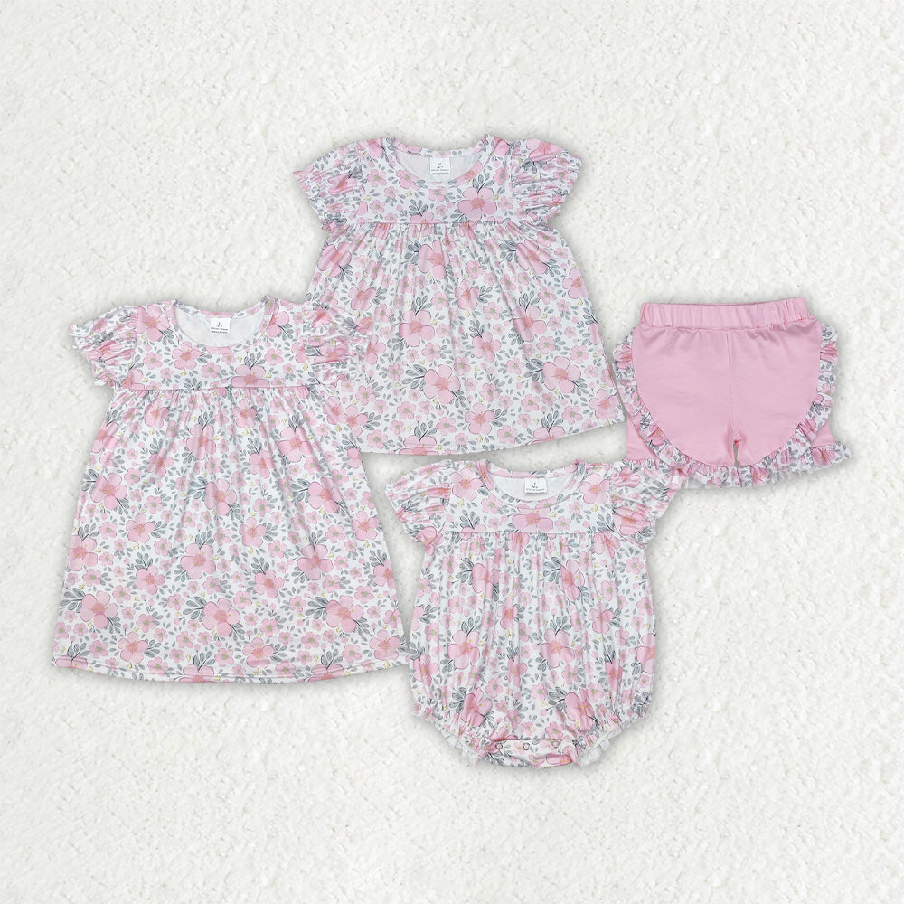 Baby Girl Short Sleeves Pink Flower Sibling Romper Dress Outfit Clothes RTS