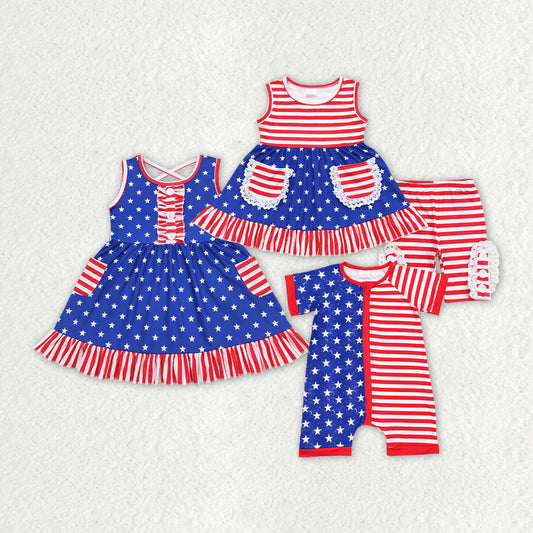 Baby Boy Girl July 4th Stars Stripes Sibling Romper Dress Clothes Set RTS