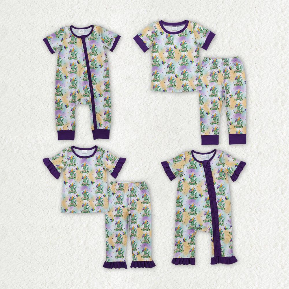 Baby Boy Girl Mardi Gras Crocodile Sibling Romper Pajamas Set