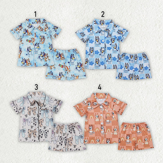 Baby Boy Girl Short Sleeves Dogs Buttons Shirt Shorts Sibling Pajamas Set RTS